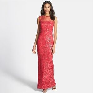Tadashi Shoji - Mesh Illusion Sequin Lace Dress Gown - Deep Rose (Red)